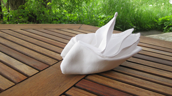 White napkin in damask - folded as feathers