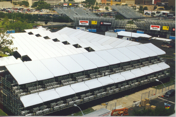 Roofed grandstand seating in double and triple decker structures